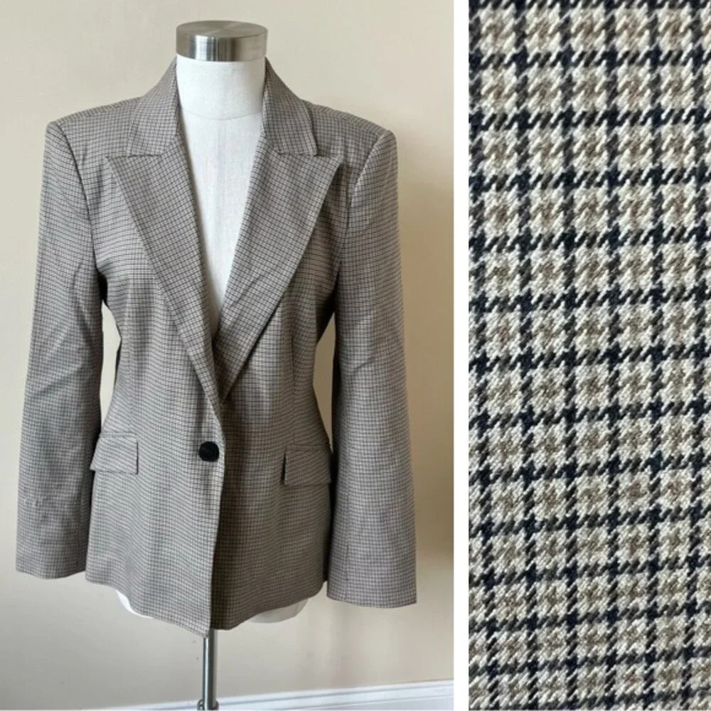 Zara Tan Houndstooth Single Button Blazer Jacket - 26154